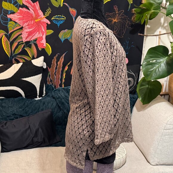 CHICOS Open Lace Mesh Knit 3/4 Sleeve Pullover Top, Taupe Brown, Size 2 - Picture 6 of 12